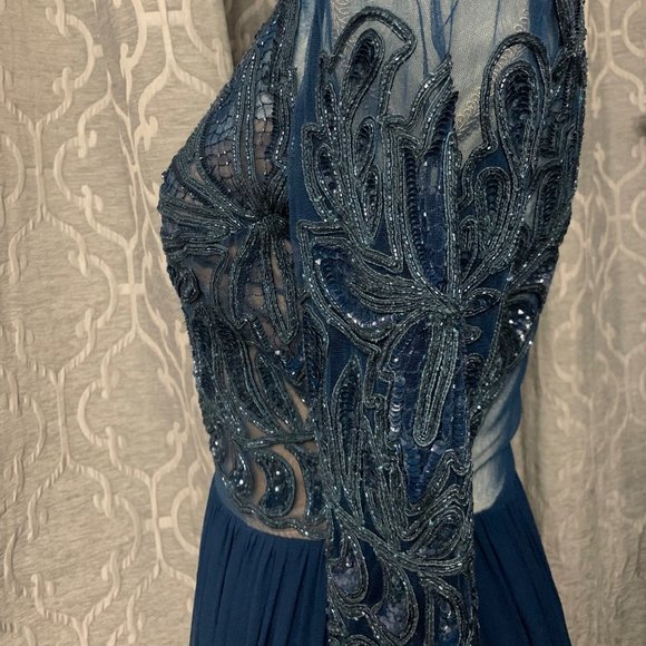 NWT Elie Saab Peacock Blue Sequin Beaded Long Sleeve Gown Dress, Sz 36 - Picture 7 of 14